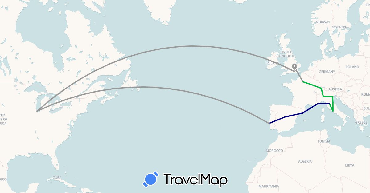 TravelMap itinerary: driving, bus, plane in Switzerland, Spain, France, United Kingdom, Italy, Portugal, San Marino, United States, Vatican City (Europe, North America)